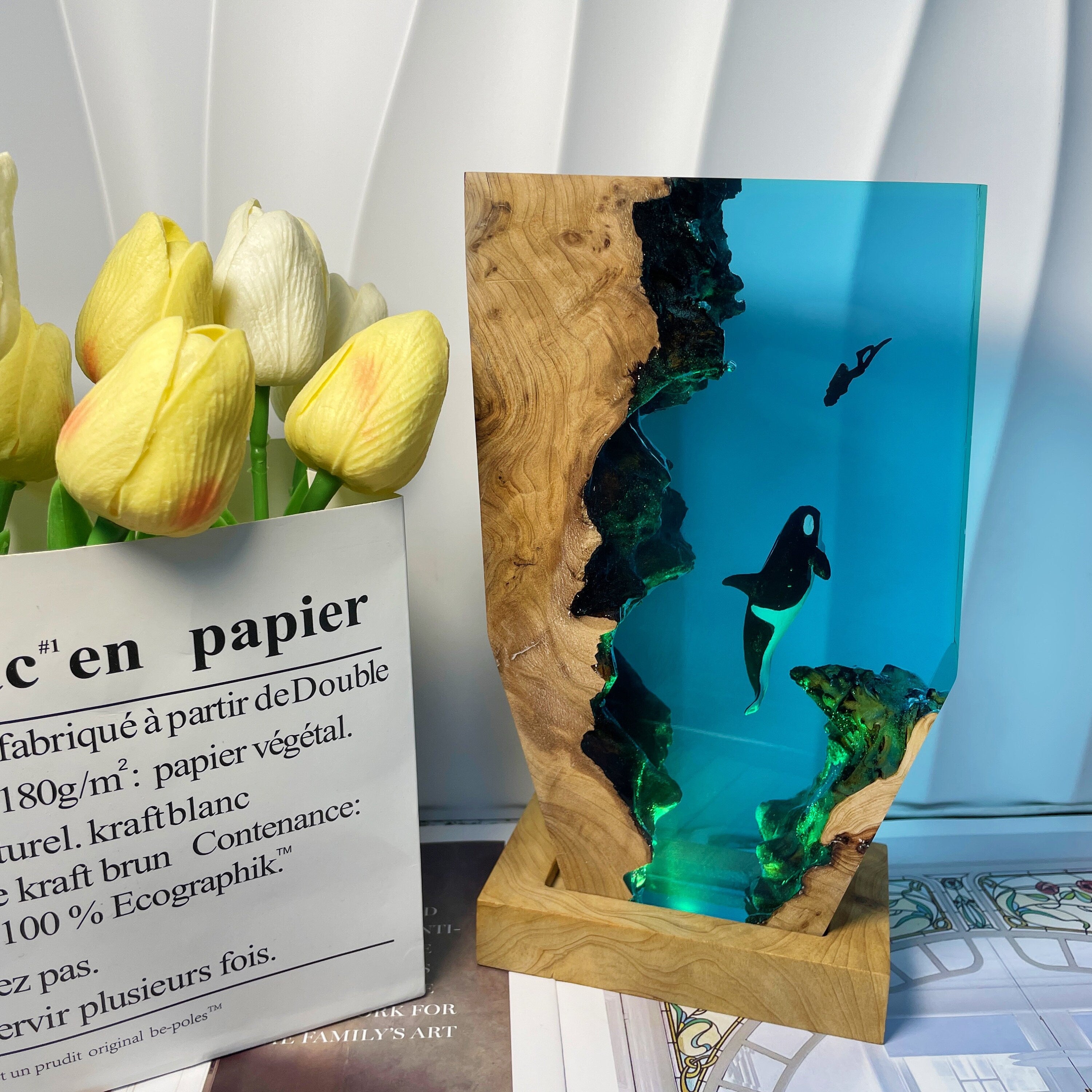 Epoxy Resin Orca Lamp, Undersea Diver Scene, Handmade Wood Base, Diver Encounters Killer Whale, Christmas Gift For Family