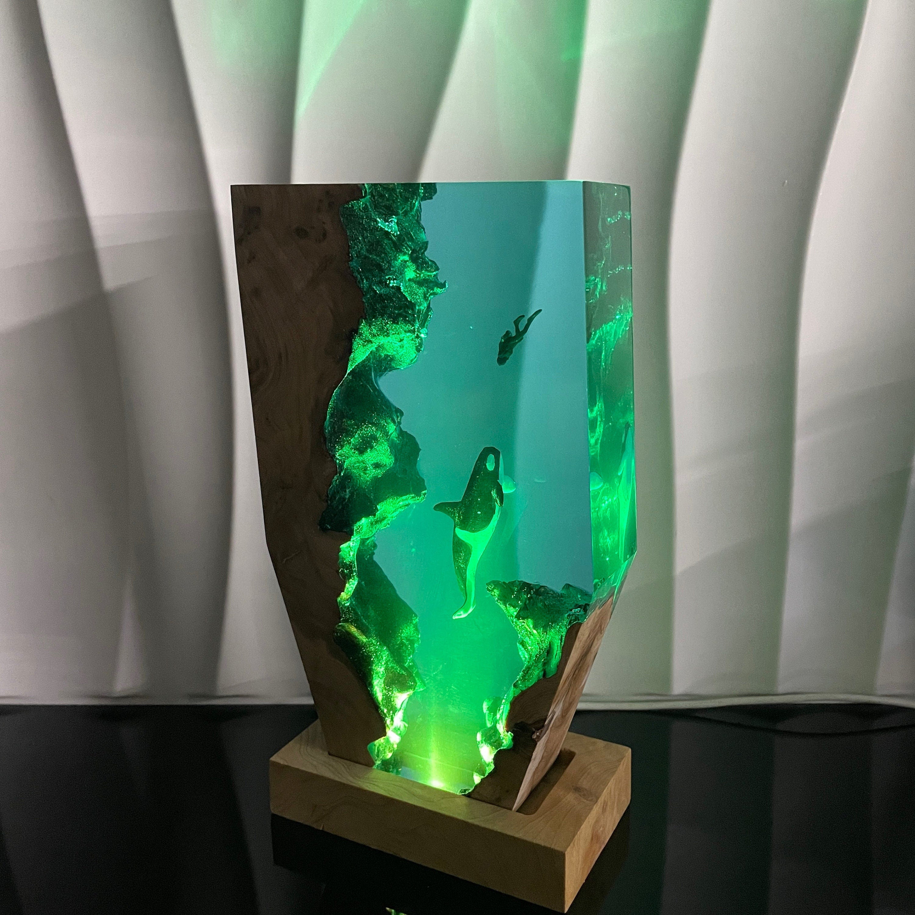 Epoxy Resin Orca Lamp, Undersea Diver Scene, Handmade Wood Base, Diver Encounters Killer Whale, Christmas Gift For Family