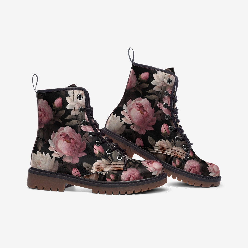 Emerald Blossoms - Pink Peony Casual Leather Lightweight Boots For Hippies