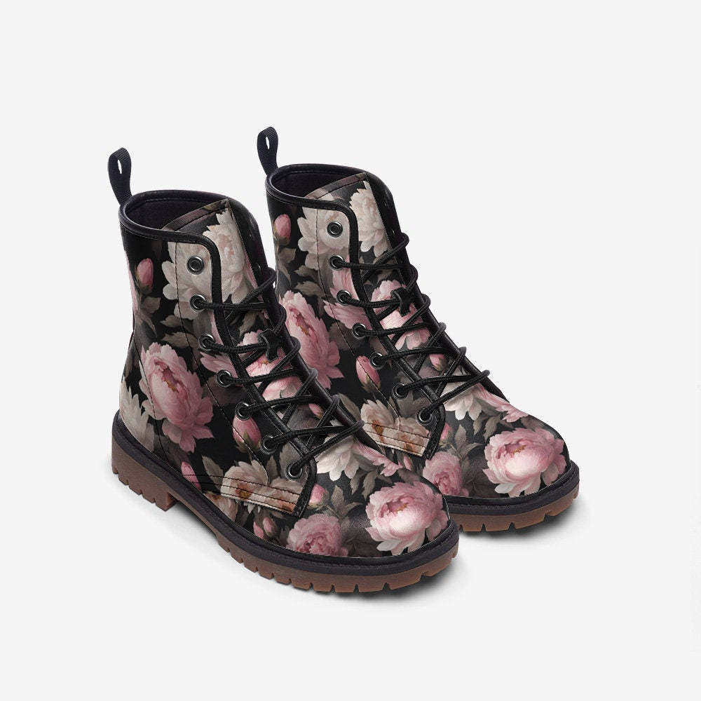 Emerald Blossoms - Pink Peony Casual Leather Lightweight Boots For Hippies