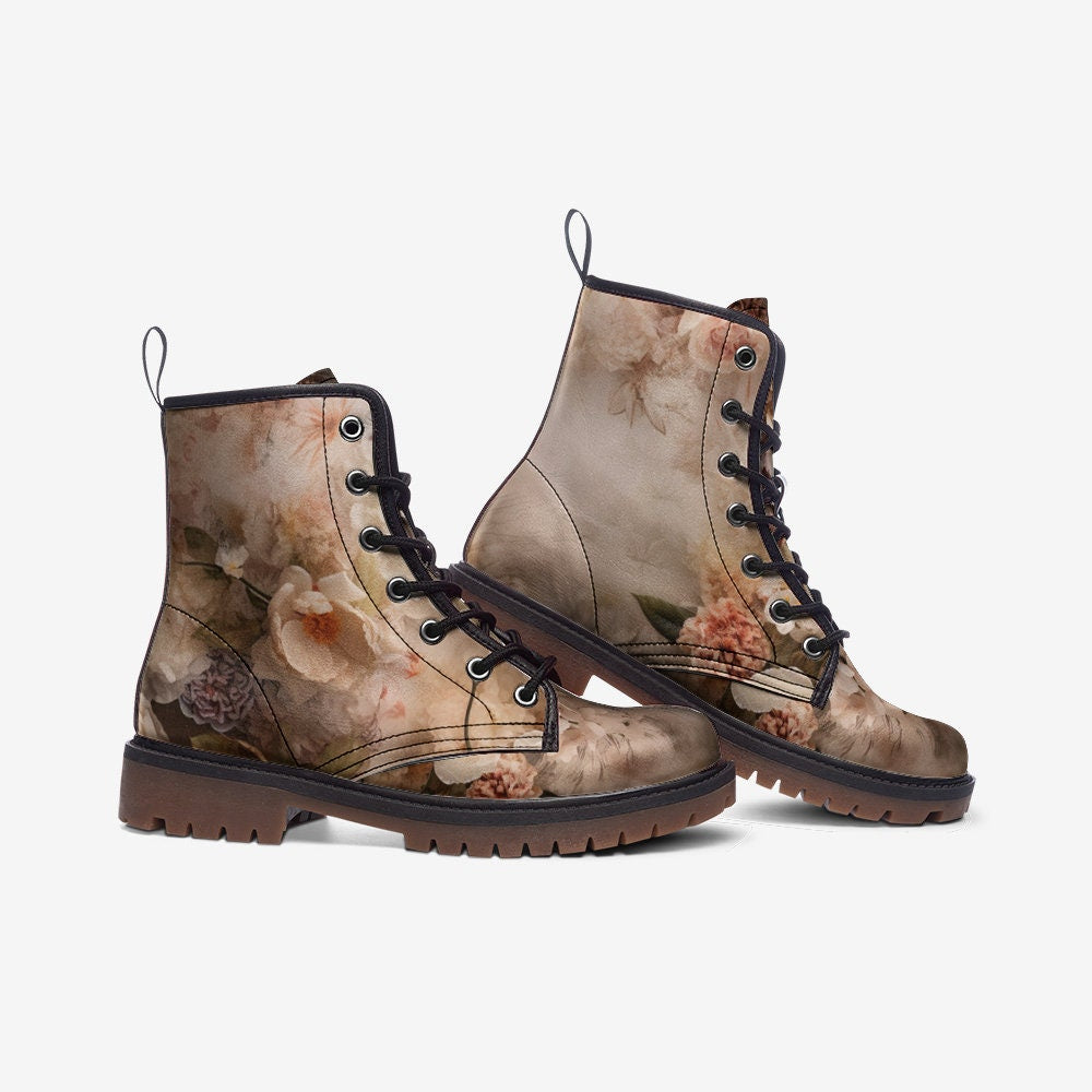 Emerald Blossoms Boots - Shabby Chic Floral Casual Faux Leather Lightweight Boots For Hippies