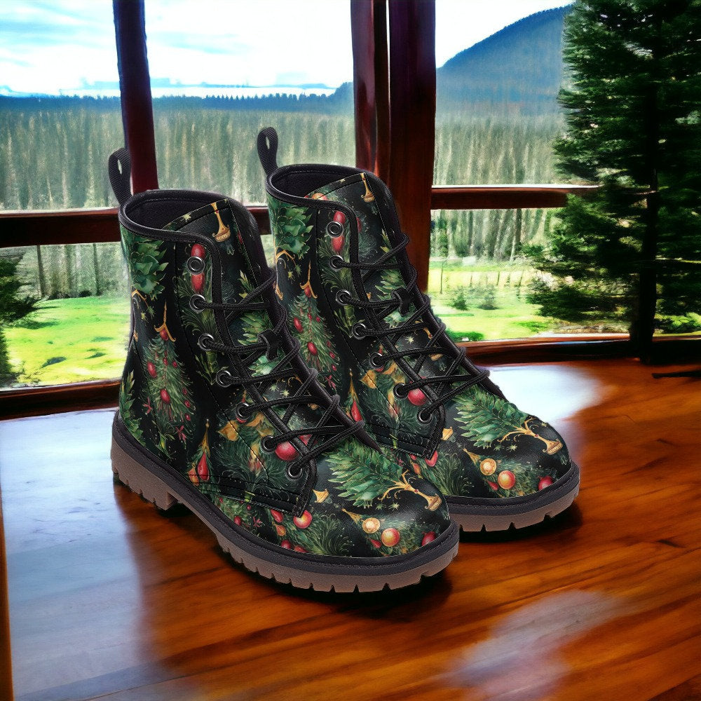 Emerald Blossoms - Dark Academia Christmas Trees Combat Boots For Hippies