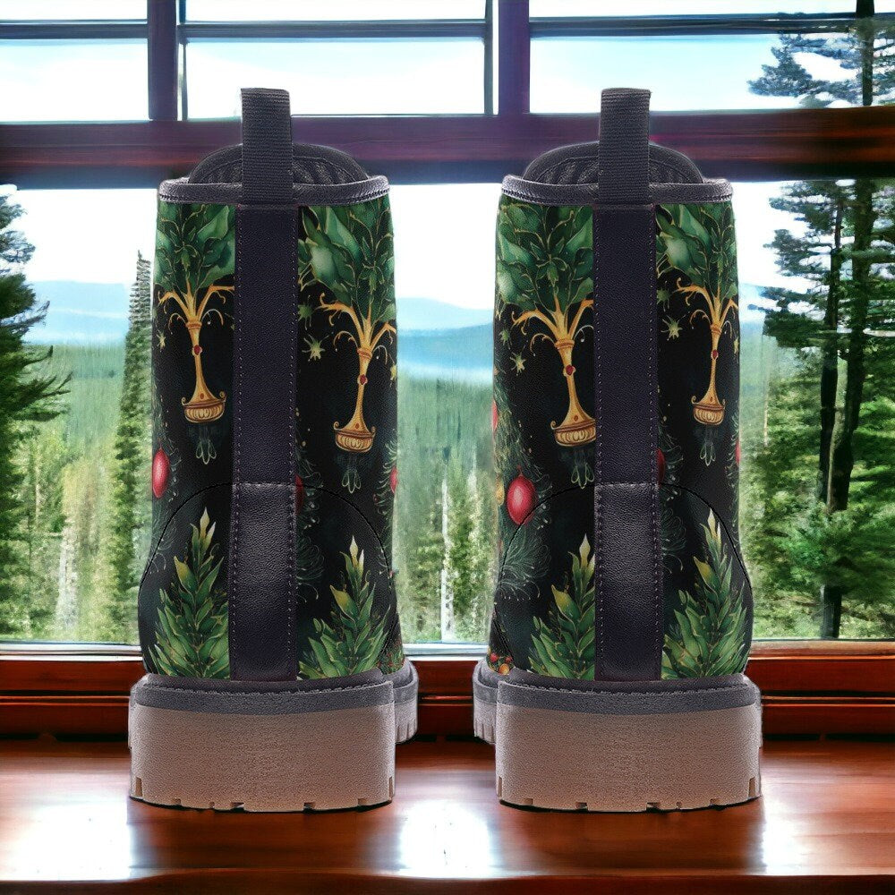 Emerald Blossoms - Dark Academia Christmas Trees Combat Boots For Hippies