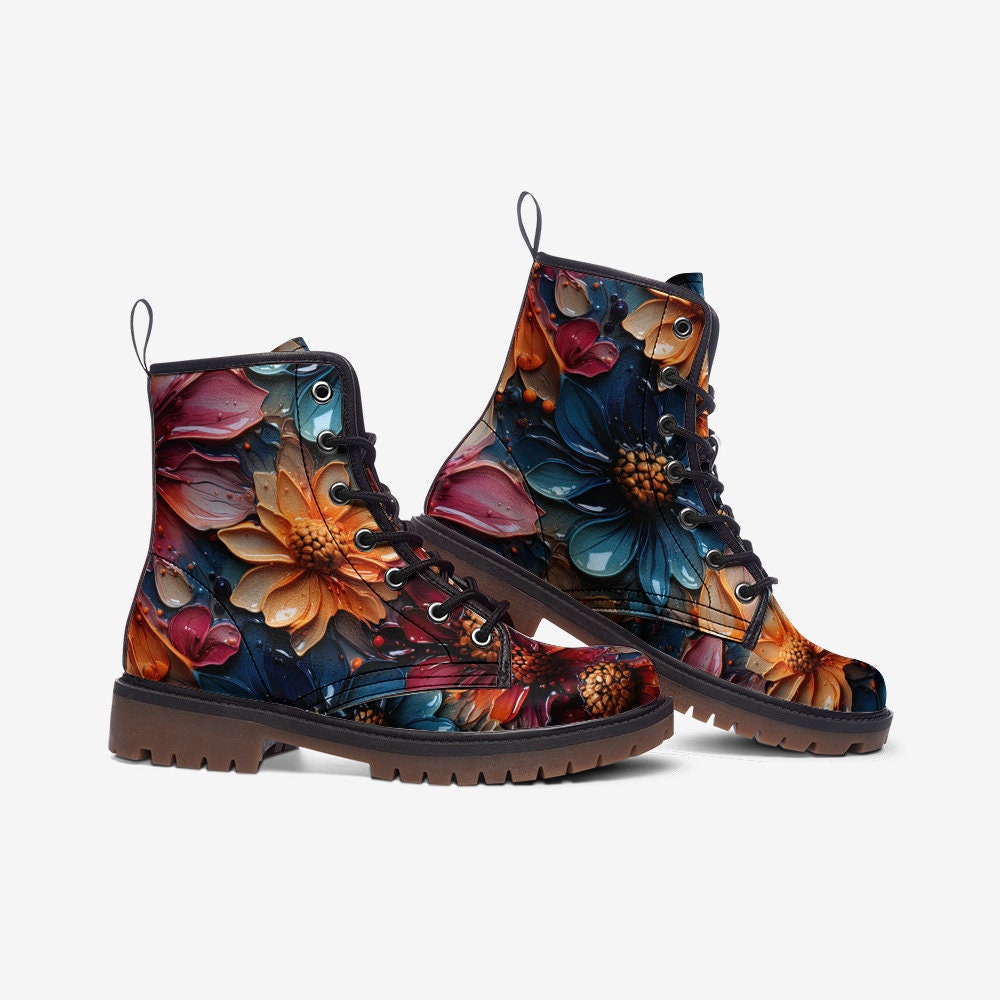 Emerald Blossoms Boots - Big Floral Casual Faux Leather Lightweight Boots For Hippies