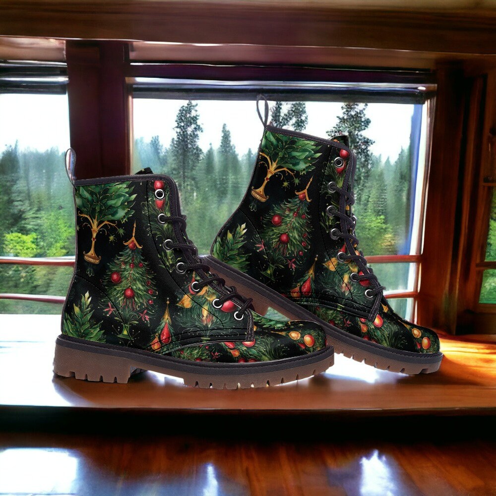 Emerald Blossoms - Dark Academia Christmas Trees Combat Boots For Hippies