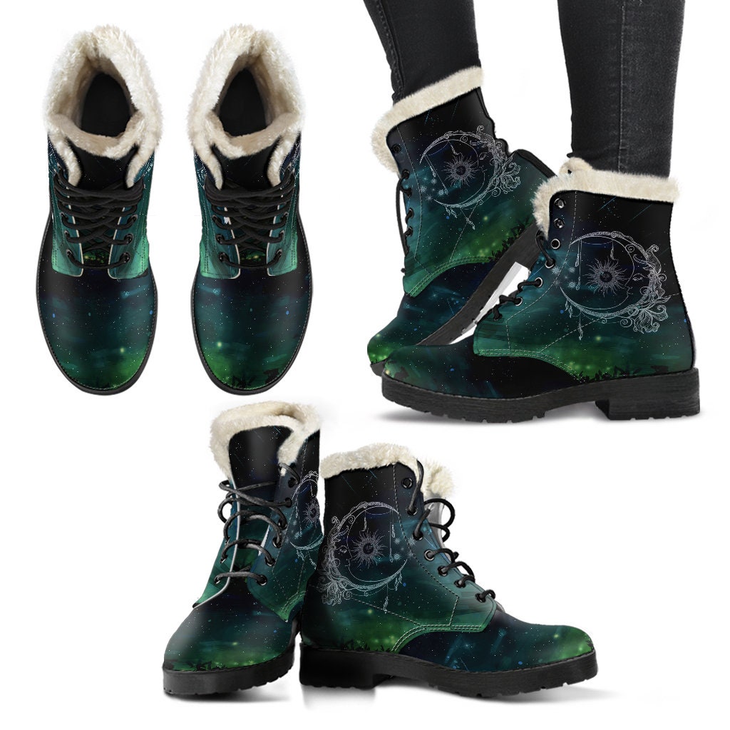 Emerald Blossoms - Sun and Moon Fur Vegan Leather Boots for Women Combat Style Lined Boots For Man Gift For Her, Unique Custom Ankle Boots For Men