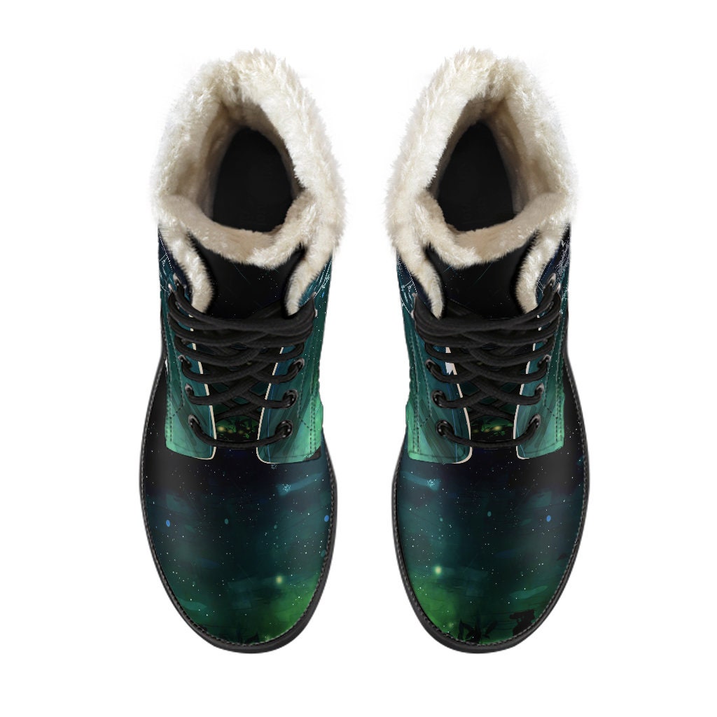 Emerald Blossoms - Sun and Moon Fur Vegan Leather Boots for Women Combat Style Lined Boots For Man Gift For Her, Unique Custom Ankle Boots For Men