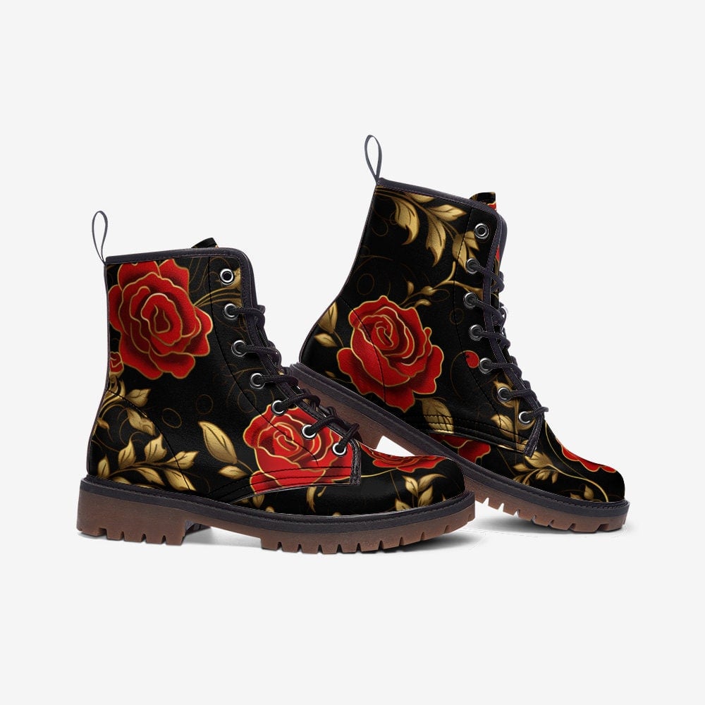 Emerald Blossoms - Red Roses & Golden Leaves Painted Shoes For Hippies