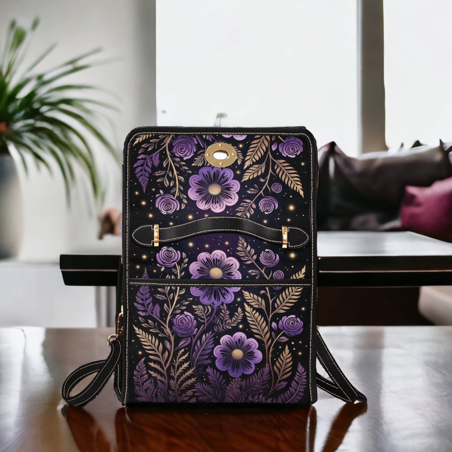 EmeraldBlossoms - Cute Purple Floral Canvas Satchel Bag For Hippie