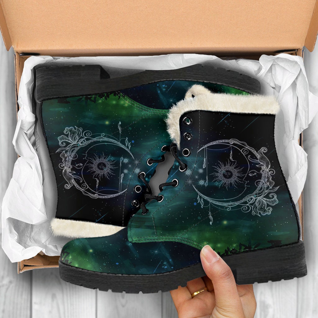 Emerald Blossoms - Sun and Moon Fur Vegan Leather Boots for Women Combat Style Lined Boots For Man Gift For Her, Unique Custom Ankle Boots For Men