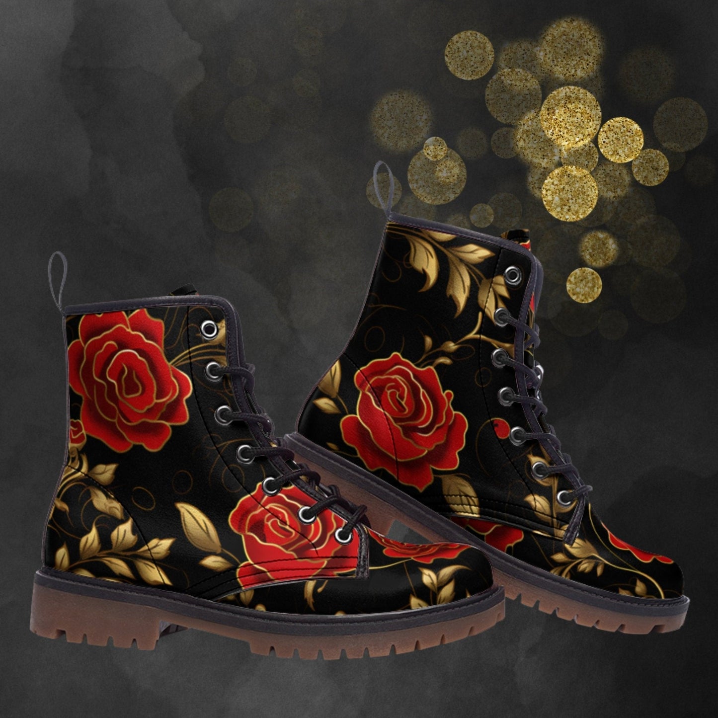 Emerald Blossoms - Red Roses & Golden Leaves Painted Shoes For Hippies