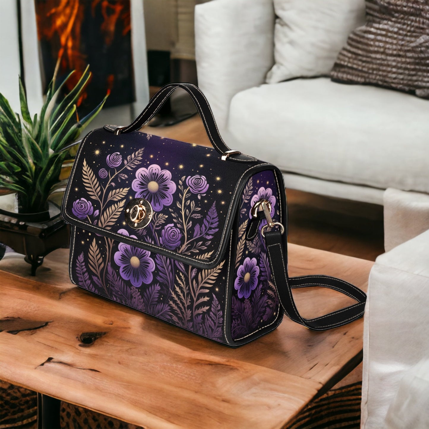 EmeraldBlossoms - Cute Purple Floral Canvas Satchel Bag For Hippie