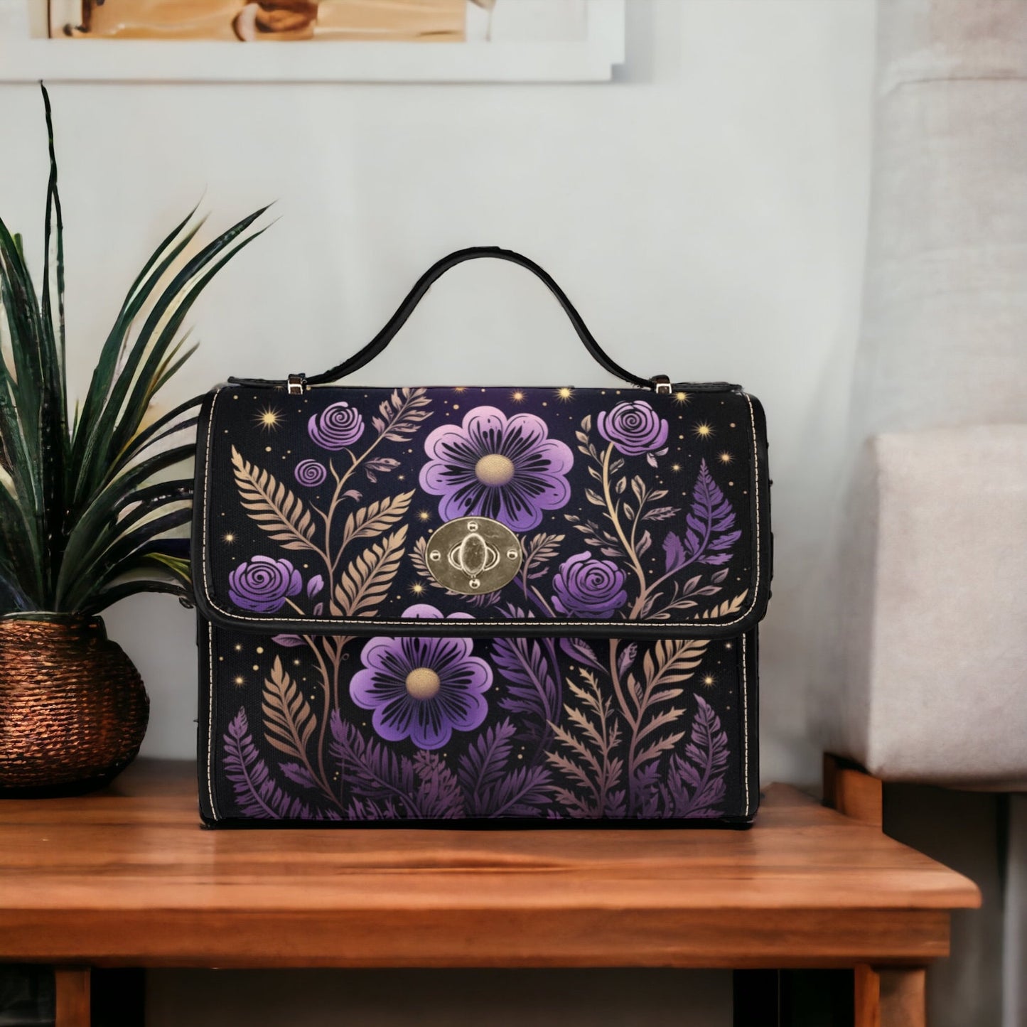 EmeraldBlossoms - Cute Purple Floral Canvas Satchel Bag For Hippie