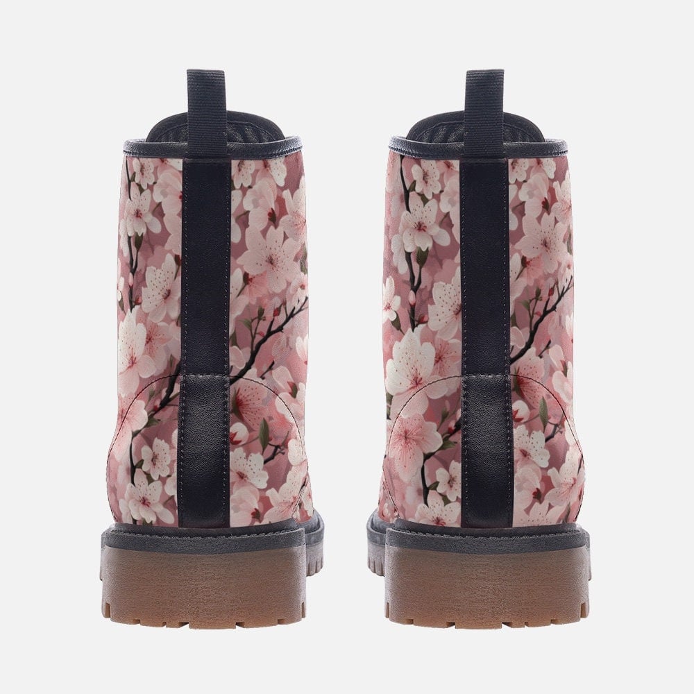 Emerald Blossoms - Pink Pastel Cherry Blossom Vegan Leather Festival Boots Combat Boots For Hippies