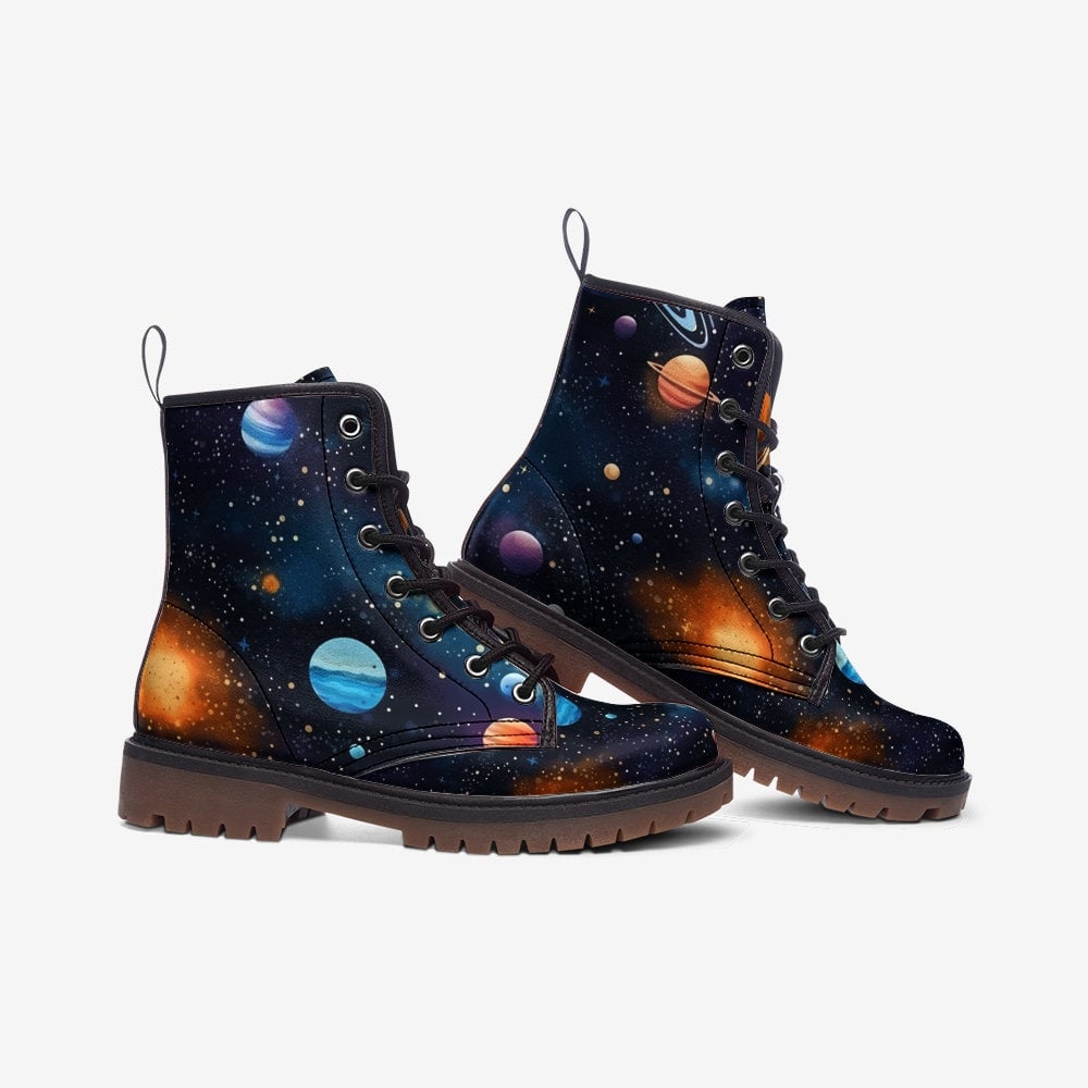 Emerald Blossoms - Space Planets Vegan Leather Combat Boots For Hippies