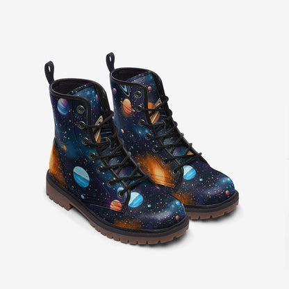 Emerald Blossoms - Space Planets Vegan Leather Combat Boots For Hippies