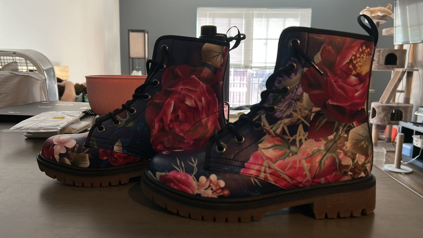 Emerald Blossoms - Red And Blue Floral Print Vegan Leather Boots For Hippies