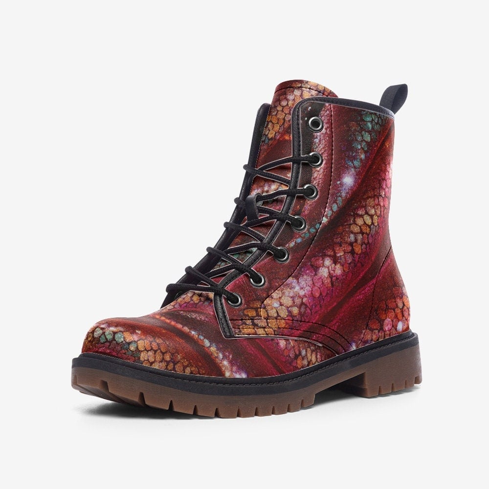 Emerald Blossoms - Red Gold Dragon skin Combat Boots For Hippies