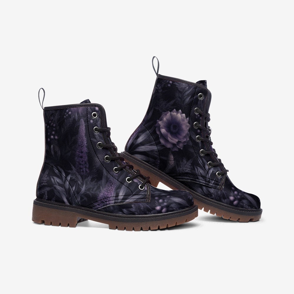 Emerald Blossoms - Dark Mystic Lavender Flower Combat Boots For Hippies