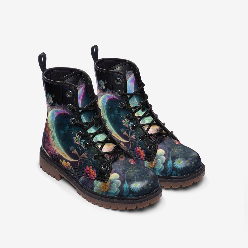 Emerald Blossoms - Mystic Fantasy Moon Combat Boots For Hippies