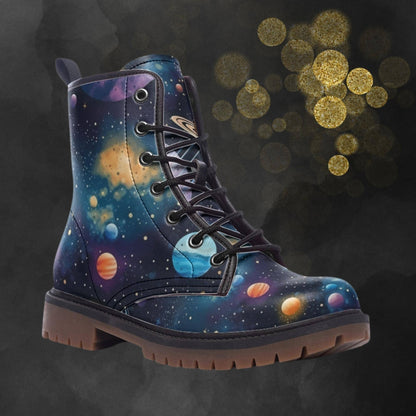 Emerald Blossoms - Space Planets Vegan Leather Combat Boots For Hippies