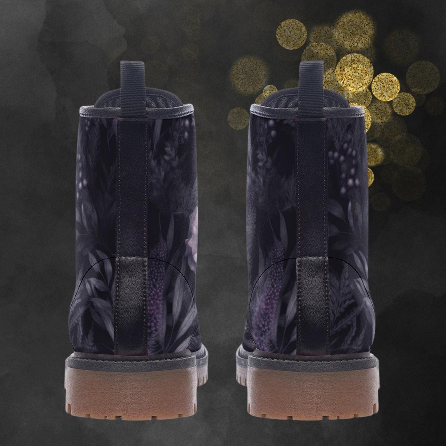 Emerald Blossoms - Dark Mystic Lavender Flower Combat Boots For Hippies