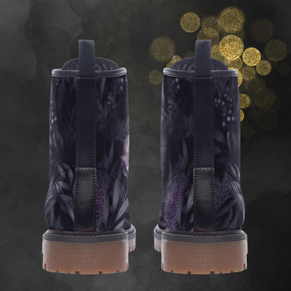 Emerald Blossoms - Dark Mystic Lavender Flower Combat Boots For Hippies