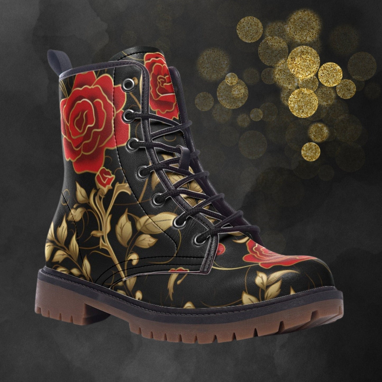 Emerald Blossoms - Red Roses & Golden Leaves Painted Shoes For Hippies