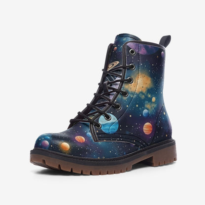 Emerald Blossoms - Space Planets Vegan Leather Combat Boots For Hippies