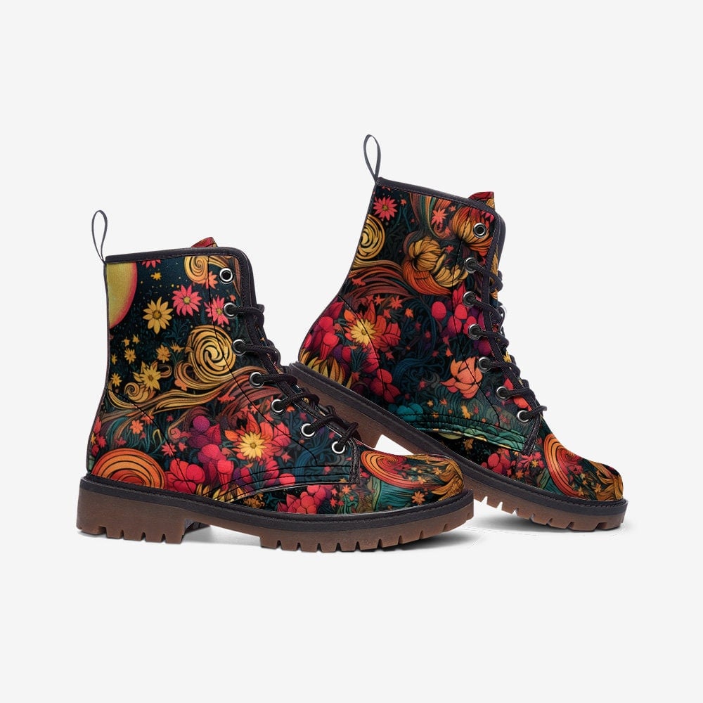 Emerald Blossoms - Floral Fantasy Art Combat Boots For Hippies