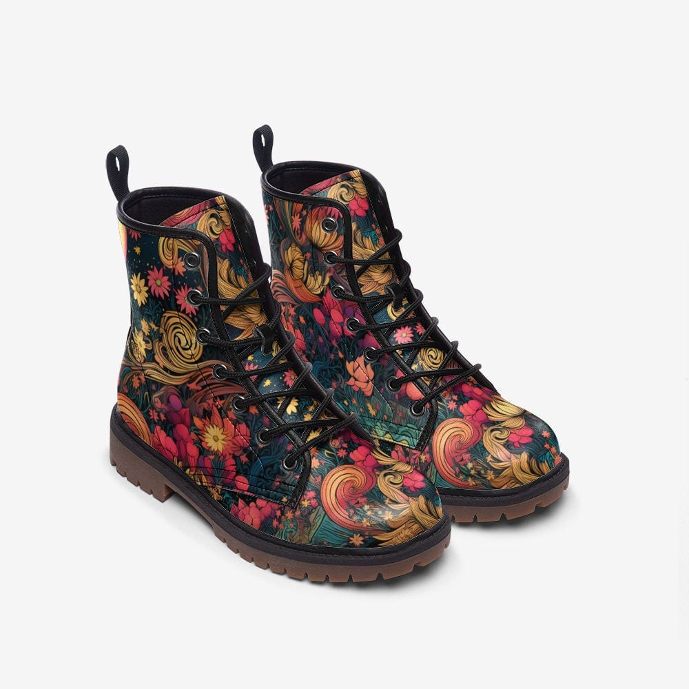 Emerald Blossoms - Floral Fantasy Art Combat Boots For Hippies