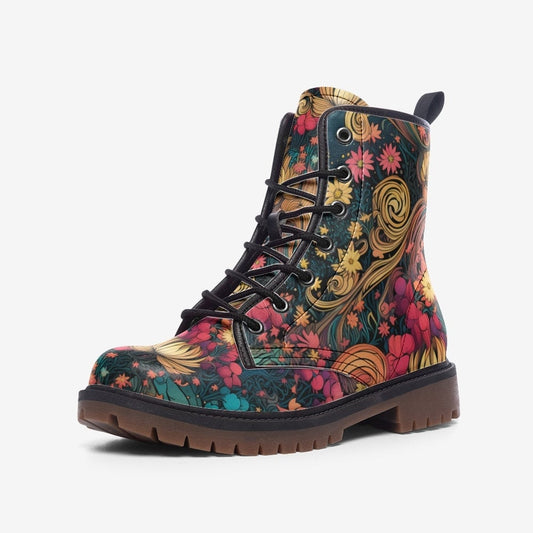 Emerald Blossoms - Floral Fantasy Art Combat Boots For Hippies