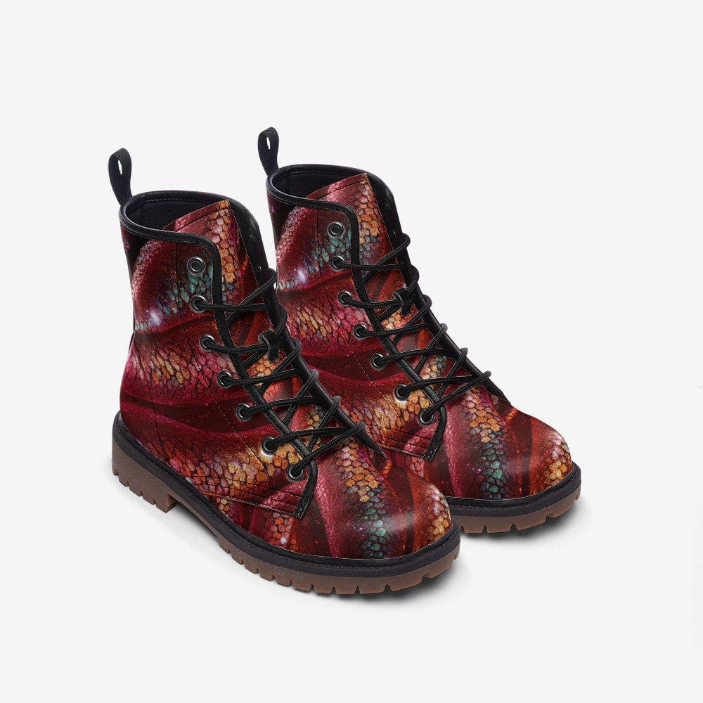 Emerald Blossoms - Red Gold Dragon skin Combat Boots For Hippies