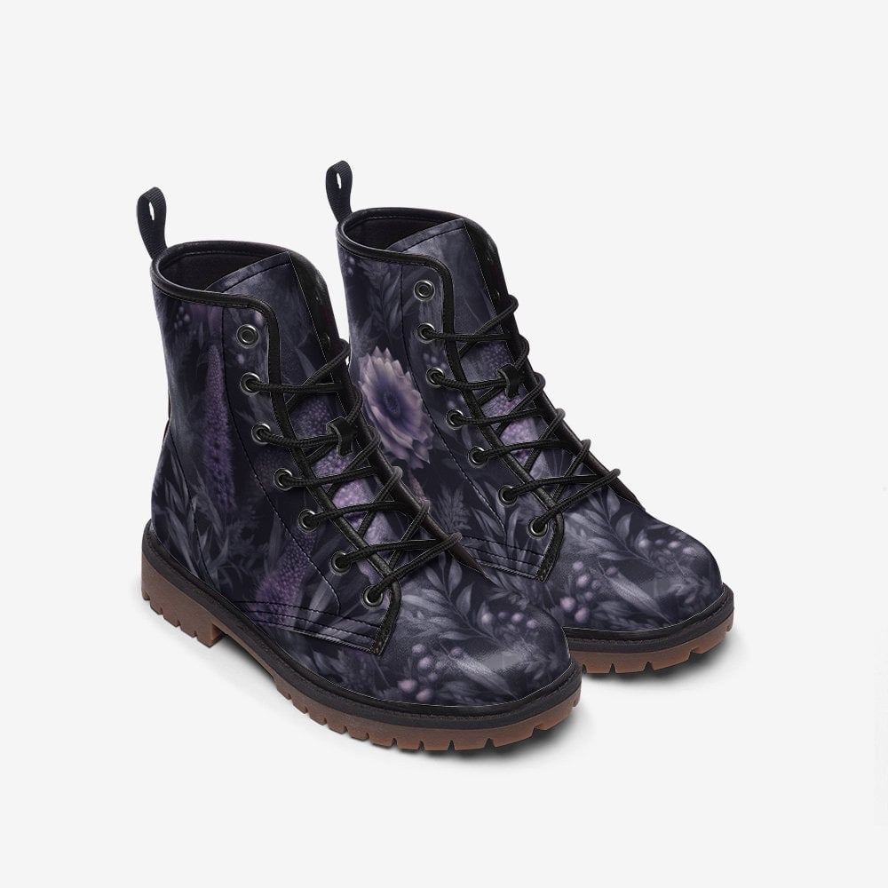 Emerald Blossoms - Dark Mystic Lavender Flower Combat Boots For Hippies