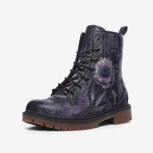 Emerald Blossoms - Dark Mystic Lavender Flower Combat Boots For Hippies