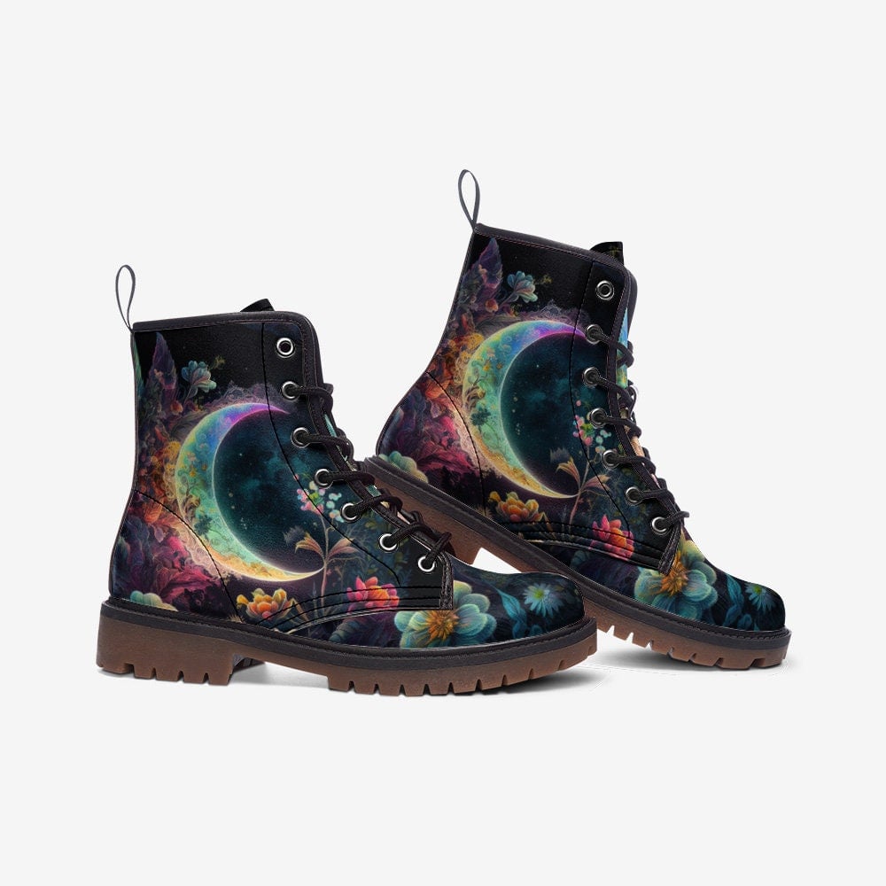 Emerald Blossoms - Mystic Fantasy Moon Combat Boots For Hippies