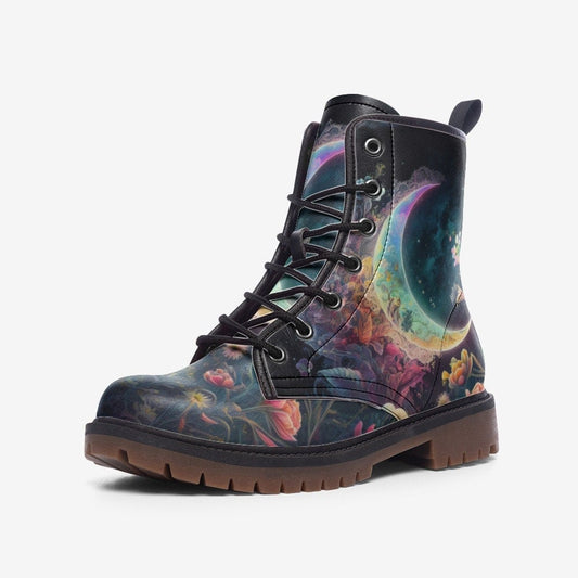 Emerald Blossoms - Mystic Fantasy Moon Combat Boots For Hippies