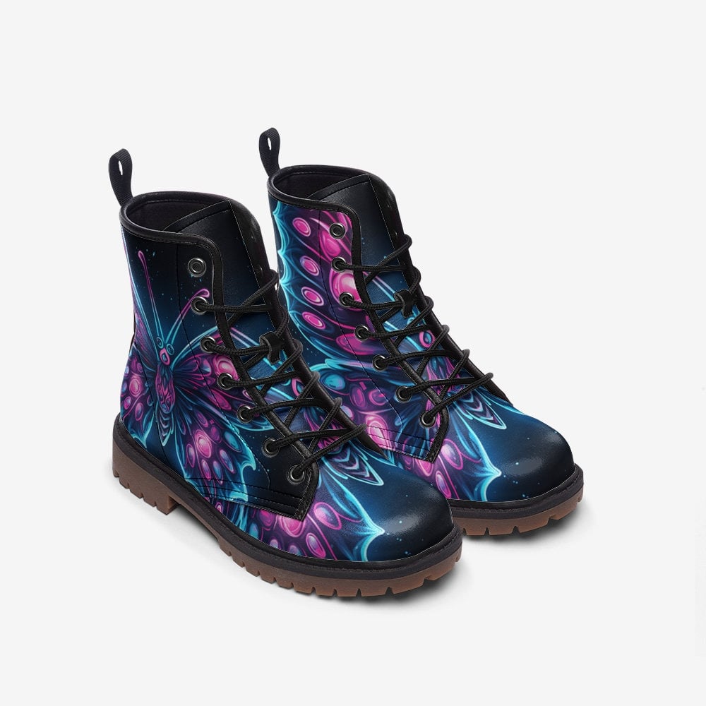 Emerald Blossoms - Butterfly Combat Boots, Neon Glowing For Hippies