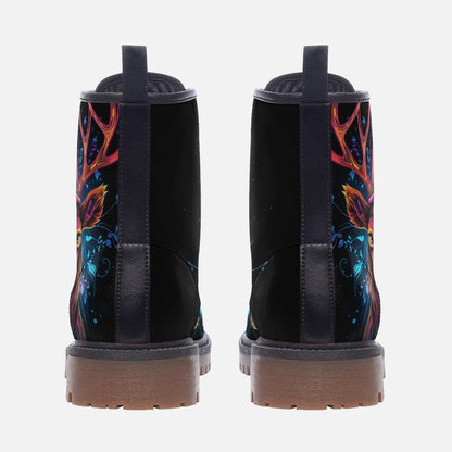 Emerald Blossoms - Deer Combat Boots, Neon Glowing, Vegan Leather Boots For Hippies