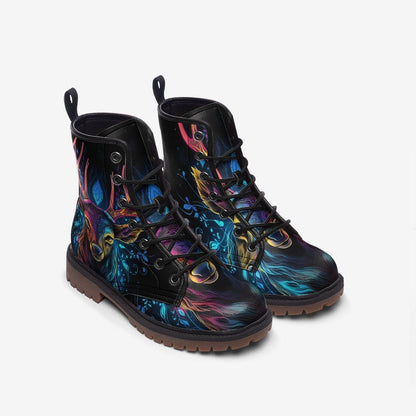 Emerald Blossoms - Deer Combat Boots, Neon Glowing, Vegan Leather Boots For Hippies