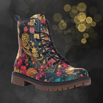 Emerald Blossoms - Floral Fantasy Art Combat Boots For Hippies