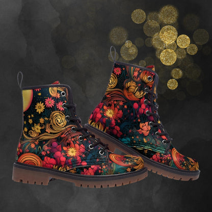 Emerald Blossoms - Floral Fantasy Art Combat Boots For Hippies