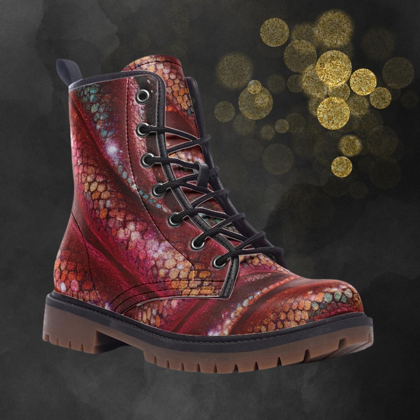 Emerald Blossoms - Red Gold Dragon skin Combat Boots For Hippies