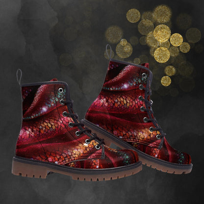 Emerald Blossoms - Red Gold Dragon skin Combat Boots For Hippies