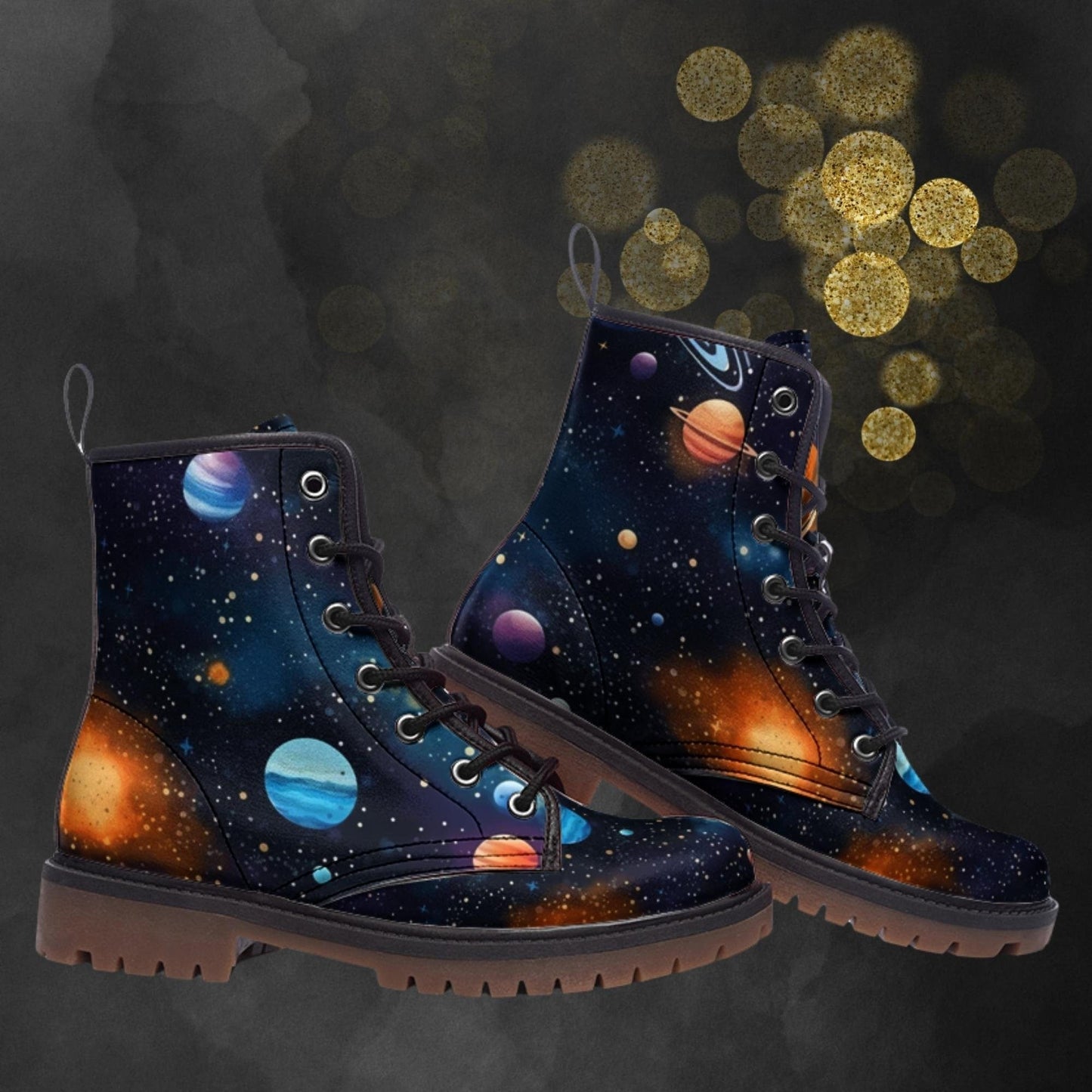 Emerald Blossoms - Space Planets Vegan Leather Combat Boots For Hippies