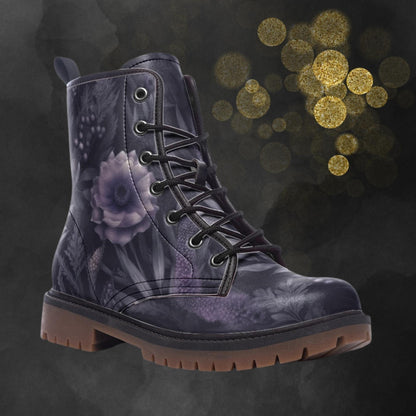 Emerald Blossoms - Dark Mystic Lavender Flower Combat Boots For Hippies