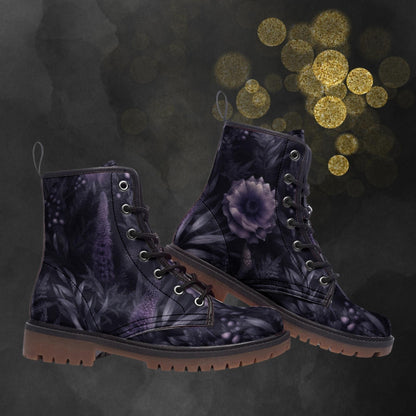 Emerald Blossoms - Dark Mystic Lavender Flower Combat Boots For Hippies