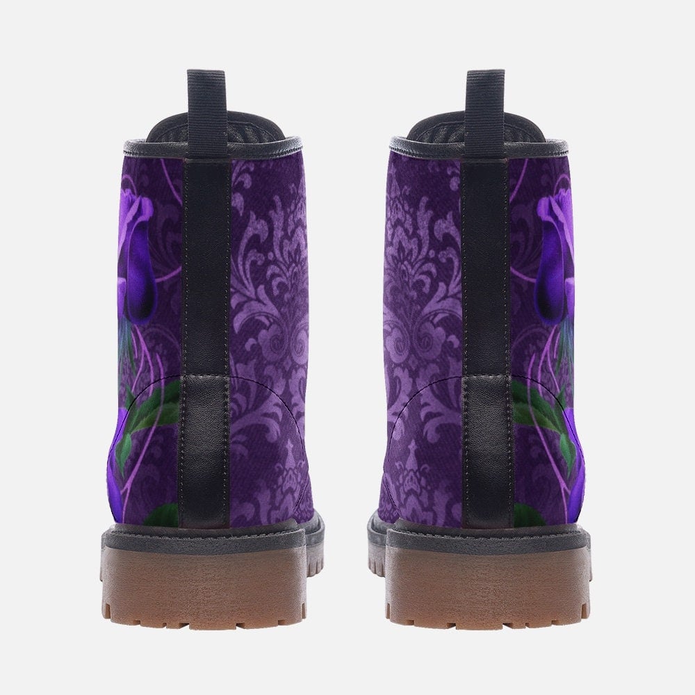 Emerald Blossoms - Lilac Damask & Roses Vegan Leather Combat Boots For Hippies