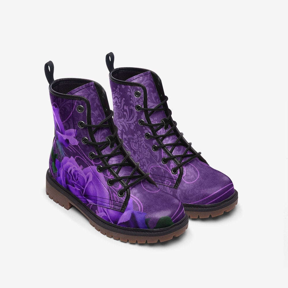 Emerald Blossoms - Lilac Damask & Roses Vegan Leather Combat Boots For Hippies