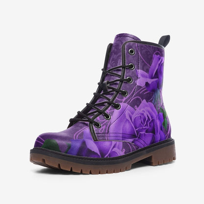 Emerald Blossoms - Lilac Damask & Roses Vegan Leather Combat Boots For Hippies